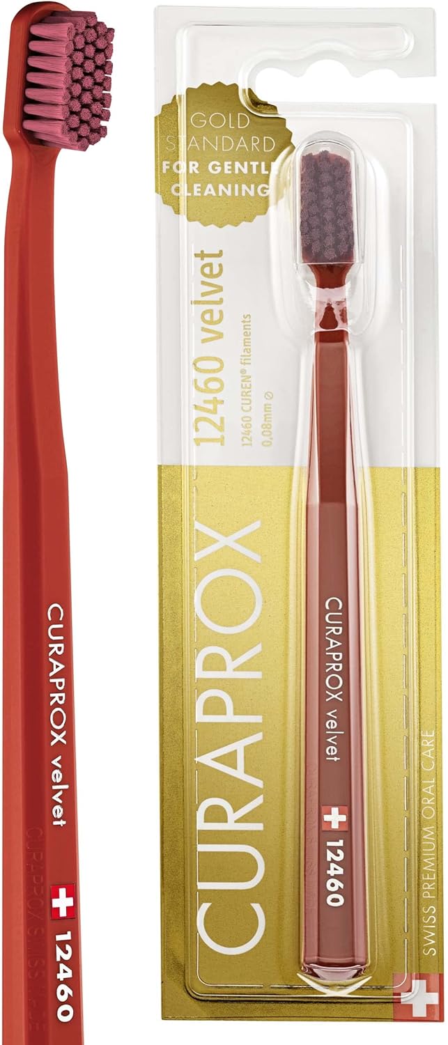 CS 12460 Velvet Ultra Soft Toothbrush, 12460 CUREN Filaments for Daily Use, Sensitive Teeth or Bleeding Gums, Gentle Deep Cleaning Manual Toothbrush, Swiss Premium Oral Care - Red 1 Count (Pack of 1)