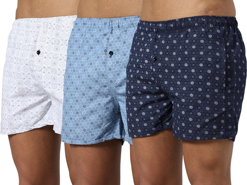 Men's Cotton Boxers, Printed Under Pant with Side Pocket, Go for once size up for better comfort - Pack of 3