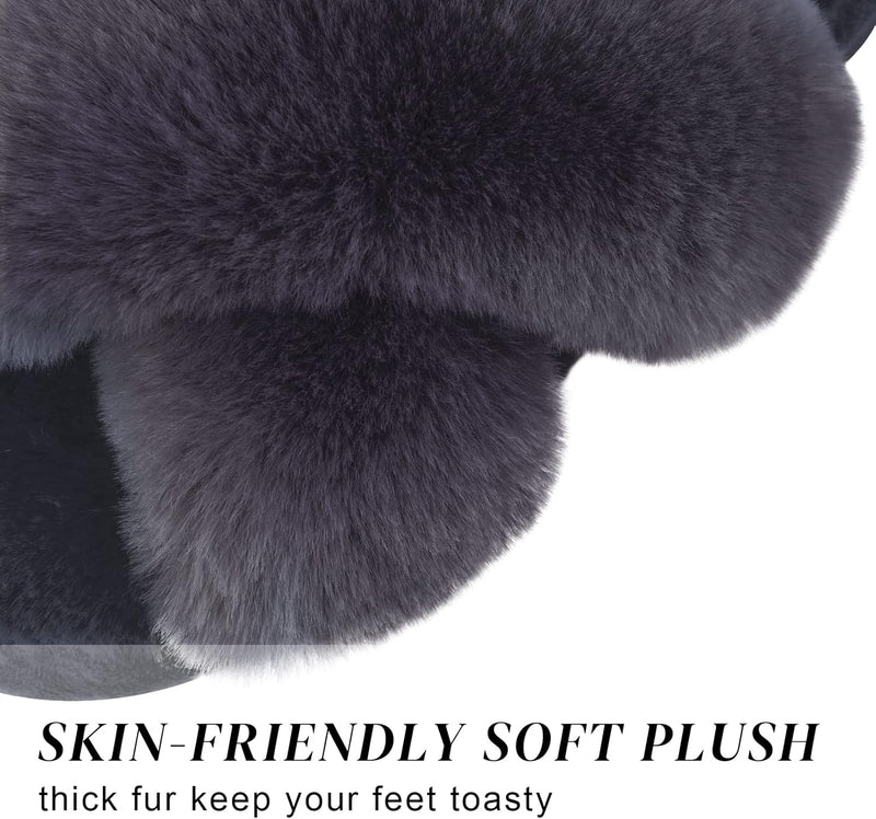 Women's Cross Band Slippers Soft Plush Furry Cozy Open Toe House Shoes Indoor Outdoor Faux Rabbit Fur Warm Comfy Slip On Breathable
