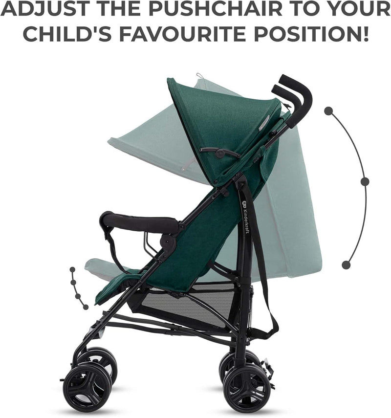 Kinderkraft TIK Pushchair, Lounger Pushchair, Lightweight - 6.5 kg, Rotating Front Wheels, Adjustable Handle, Continuous Backrest Adjustment, Quick Folding, Up to 17 kg, Green - Green Forest