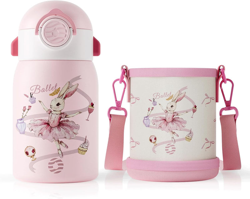 Stainless Steel Water Bottle for Children 400 ml + Cover, No Leak/BPA-Free Thermal Bottle with Straw for School and Sports - Rabbit 0.4 ÙÙØªØ±