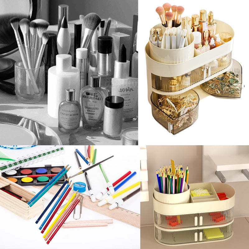QUEENADA Makeup Organizer with Makeup Brush Holder - 3 Layer Skincare Organizer with 360 Rotating Makeup Brush Holder, High-Capacity Cosmetic and Skincare Dresser Make Up Holder Rack