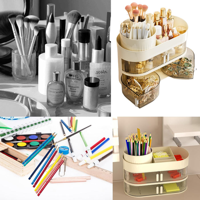QUEENADA Makeup Organizer with Makeup Brush Holder - 3 Layer Skincare Organizer with 360 Rotating Makeup Brush Holder, High-Capacity Cosmetic and Skincare Dresser Make Up Holder Rack