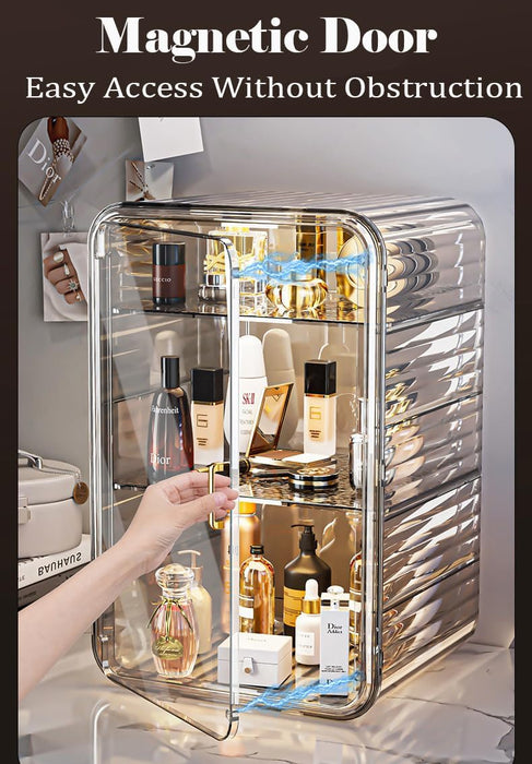 Makeup Storage Organizer,Large Capactiy Perfume Skincare Organizer with Divider,4 Layer Dustproof Cosmetic Display Cases with Magnetic Door for Vanity,Skincare,Bathroom Countertop (Clear-4tier)