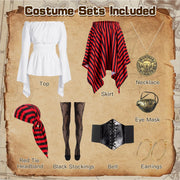 Women's Pirate Costume,Pirate Fancy Dress Up Accessories with Earring,Necklace,Eye Mask and Striped Headscarf,Adult Pirate Halloween Costumes for Cosplay Carnival Party Birthday Party