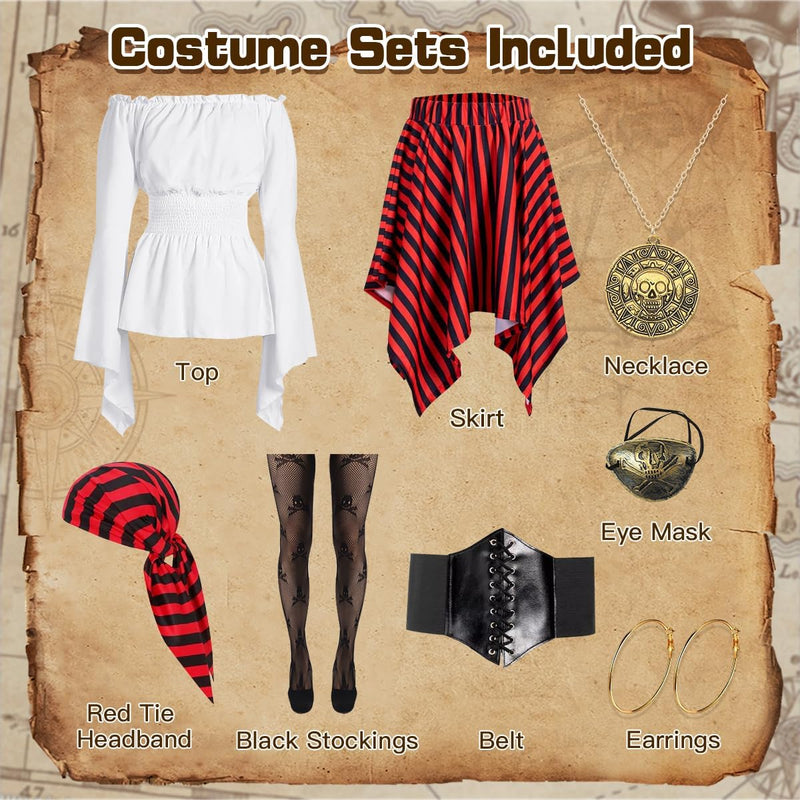 Women's Pirate Costume,Pirate Fancy Dress Up Accessories with Earring,Necklace,Eye Mask and Striped Headscarf,Adult Pirate Halloween Costumes for Cosplay Carnival Party Birthday Party