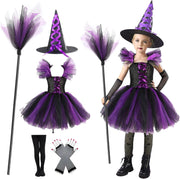 Yoawllty Witch Costume Halloween for Girls with Hat & Broom Fancy Party Dress Up Outfit, Fairytale Witch Costume Cute Witch Costume Set Purple