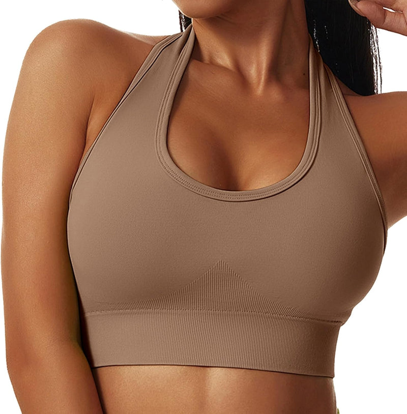 Vertvie Halterneck Sports Bra Backless Fitness Bustier Women's Padded Push Up Bra Without Underwire Sports Bra Top Yoga Bra Medium Support Workout