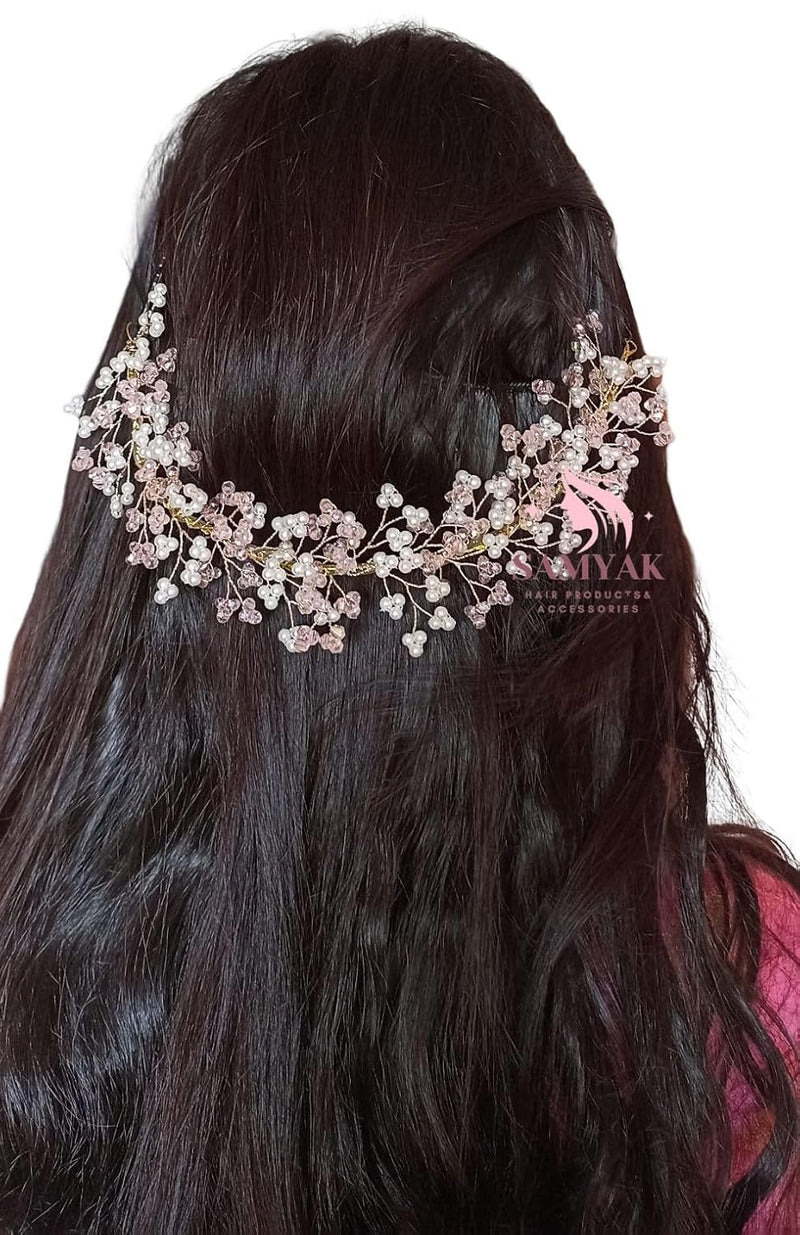 Samyak Crystal Pearl Hair Tiara Vine Hair Headband Headdress Hair Jewellery For Women | Hair Pin | Bun | Hair Accessory For Bridal Wedding Bridesmaid, Pink, Pack of 1