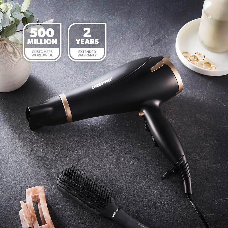 Geepas GH8643 Hair Dryer - 2-Speed & 3 Temperature Settings 2200W Cool Shot Function For Frizz Free Shine Detachable Cap- 2 Years Warranty