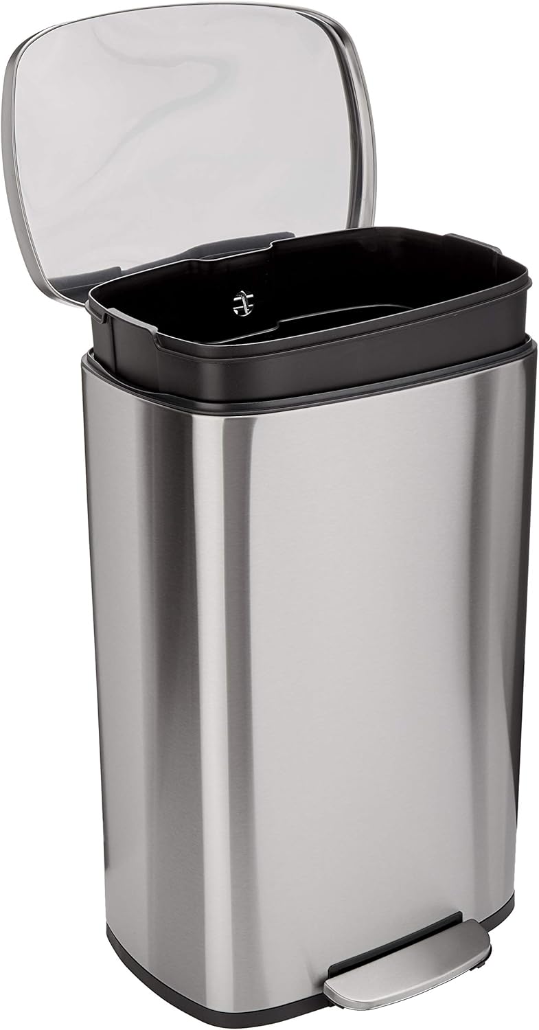 Amazon Basics Smudge Resistant Rectangular Trash Can With Soft-Close Foot Pedal, Brushed Stainless Steel, for Bathroom & small space, 5 L /1.32 Gal, Satin Nickel Finish, 7.3x8.5 x11.8 in (LxWxH) - 50L