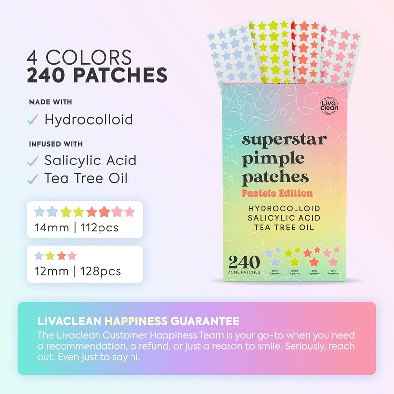 LivaClean Star Pimple Patches for Face w/Hydrocolloid, Salicylic Acid & Tea Tree, 240 Patches, Hydrocolloid Acne Patch, Cute Star Pimple Patch for Healing Stickers Zit Superstar