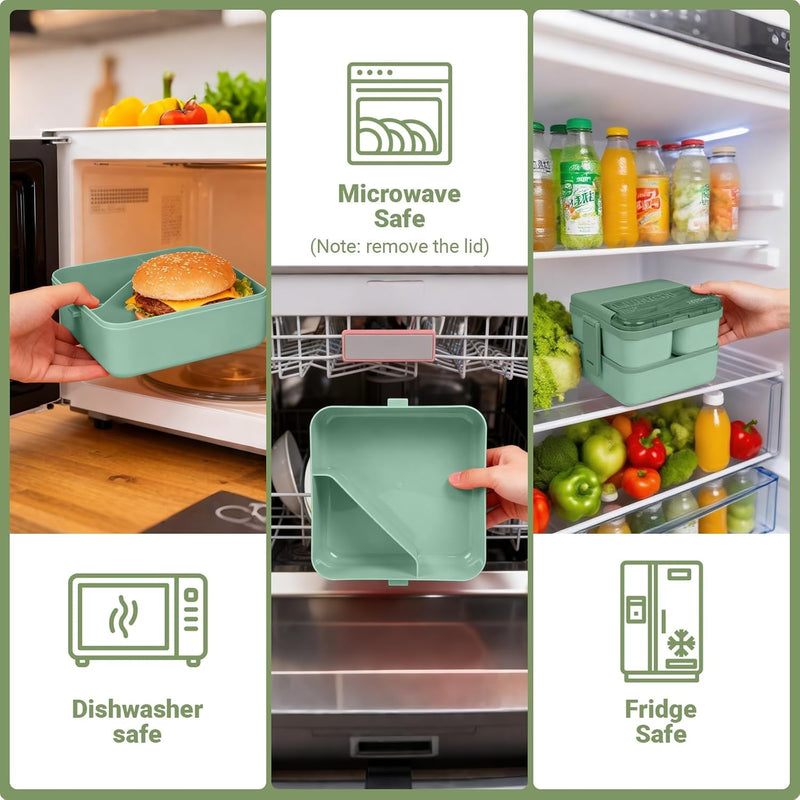 Bento Lunch Box 1800ML, Leak-Proof With 4 Compartments, Stackable Lunch Bento Box with Bag for Kids and Adults, Snack Container with Cutlery for School, Kindergarten, Office - Green, Camping, Travel