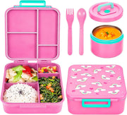 Lunch Box Leakproof Bento Box with 4 Compartments, Premium Food Grade Bento Lunchbox with Insulated Thermo Soup Jar for School Daycare Travel,BPA Free and Dishwasher Safe (pink) - Red