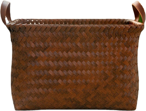 SKY-TOUCH Rectangular Rattan Storage Basket with Handle,Strong and Durable Hand-Woven Rattan Basket for Organizing,Storage and Organizer Baskets,38 28 24cm, Coffee Color - 1pcs Rectangular Rattan Storage Basket