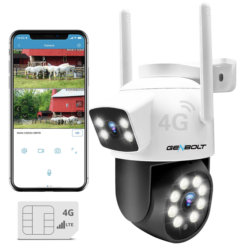 GENBOLT 3G/4G LTE Security Camera Outdoor No WiFi, Dual Lens Cellular CCTV Camera with Sim Card, PoE Surveillance Camera IP with Humanoid Tracking Cloud Storage