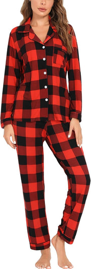 Button Up Pajama Set For Women Long Sleeve Shirt And Pajama Pants Soft Pjs Lounge Sets - Red Plaid