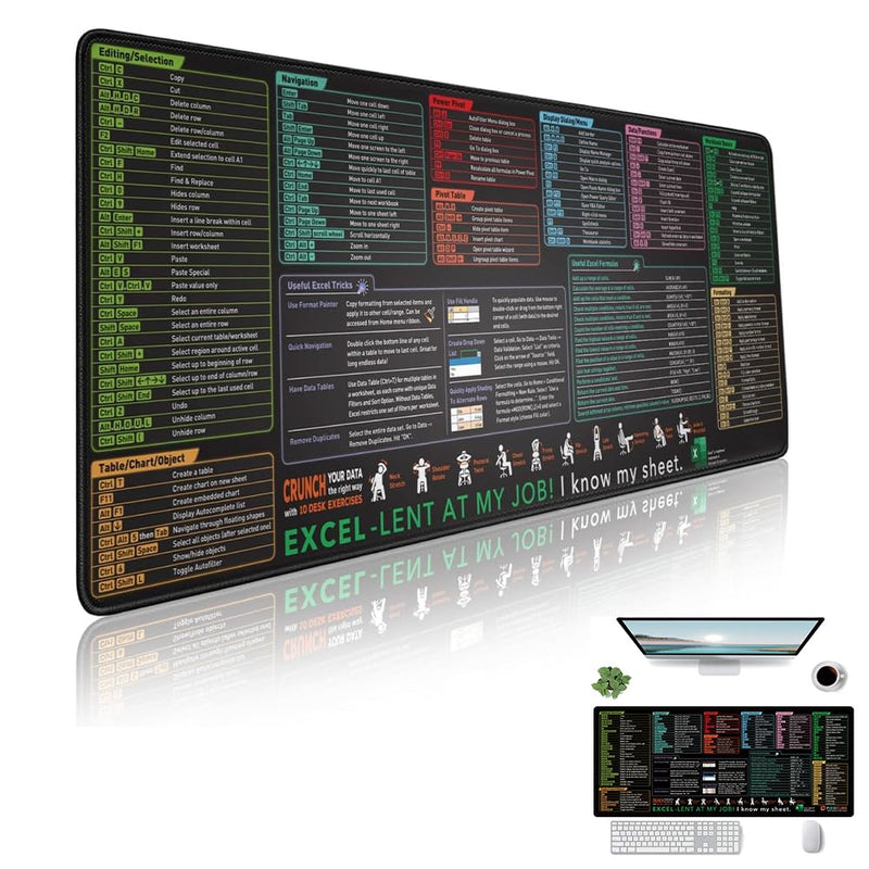 Aowin Excel Shortcut Keys Mouse Pad,Large Excel Cheat Sheet Desk Pad,Computer Desk Mousepad Over 150 Shortcut Keys,Non-Slip&Waterproof Desk mat,PC Spreadsheet Keyboard Mat for Office Use