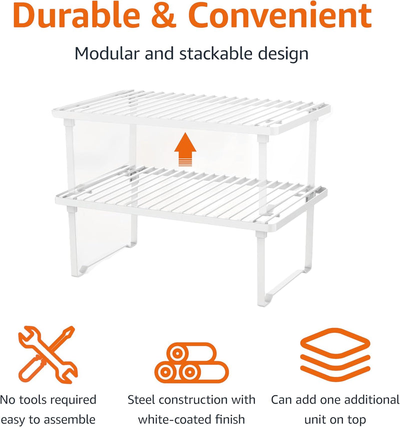 Amazon Basics Stackable Metal Kitchen Storage Shelves, Set of 2 - White - Set of 2