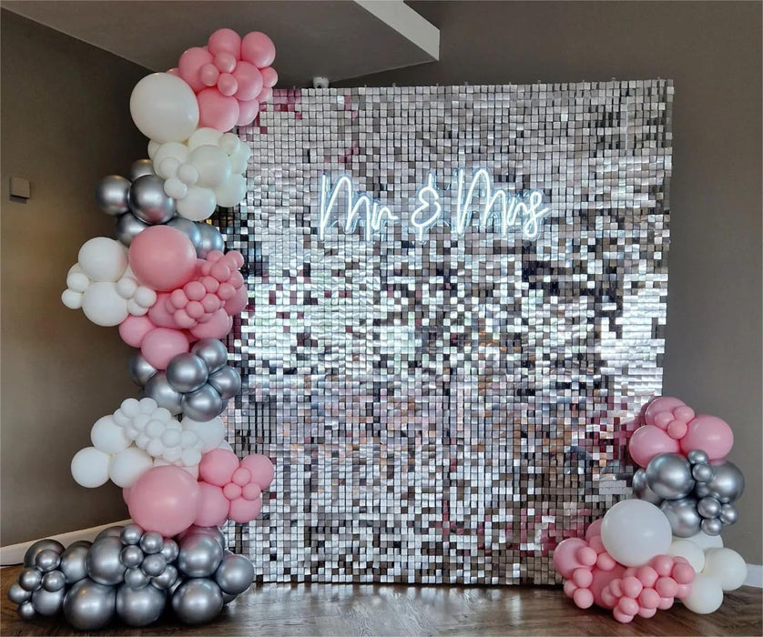 Kate Shimmer Wall Backdrop Iridescent Pink Square Sequin Wall Panel Backdrop Decor for Wedding, Anniversary, Birthday, Party, 12 Panels