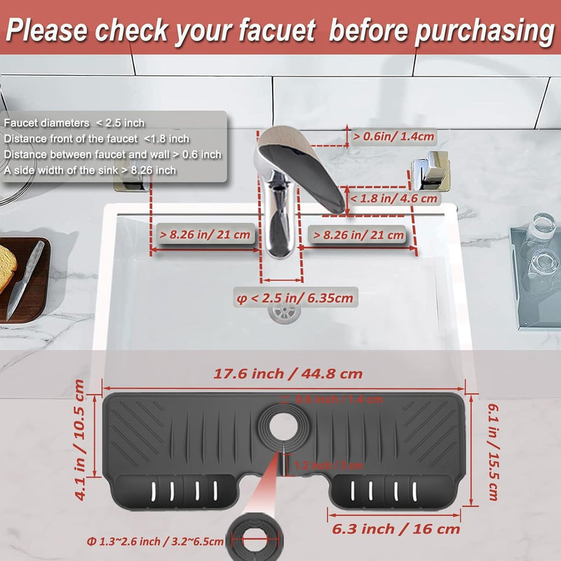KASTWAVE Silicone Faucet Splash Guard Mat, Silicone Sink Mat Tray Drying Mat, Upgraded Faucet Water Catcher Tray, Dish Sponge Holder, Home Kitchen Sink Accessory Gadgets Organizer (Dark Grey)