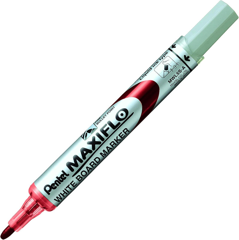 Pentel Maxiflo Whiteboard Marker, Fine bullet point, Red ink, (Pack of 12)