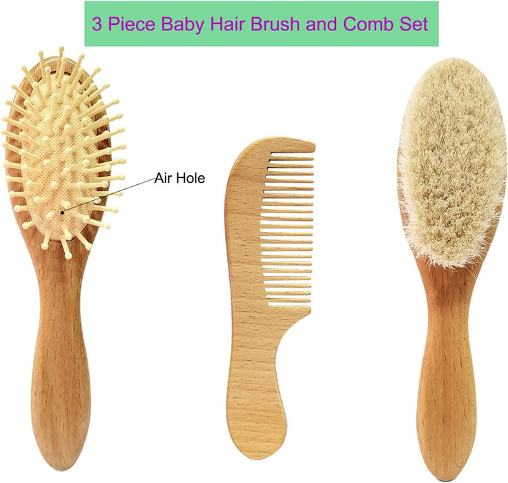 3 Piece Baby Hair Brush and Comb Set for Newborn Toddlers- Natural Wooden Hairbrush with Soft Goat Bristles for Cradle Cap - Perfect Scalp Grooming Product for Infant, Toddler, Kids, Baby