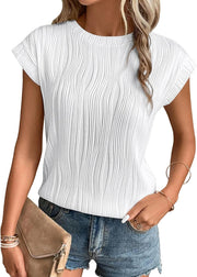 Womens Short Sleeve Summer Tops Crewneck Textured Shirts Basic T Shirt Casual Work Blouses - White