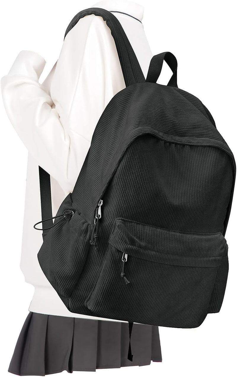 WEPOET School Backpack Cute Corduroy Bookbag Classic Casual High School Bag Lightweight College Backpack - A1- Black