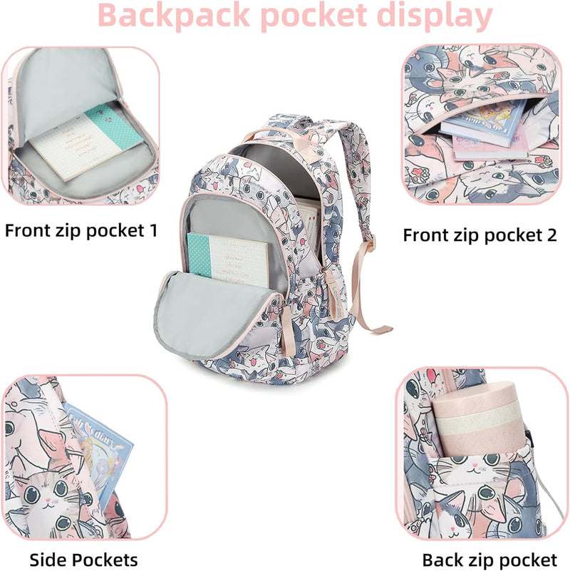 Mfikaryi Cute Cat Casual Daypack Teens Elementary School Backpack Students Bookbag for Girls Boysâ€¦