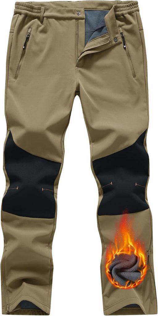 Men's Ski Snow Pants Waterproof Fleece Lined Insulated Softshell Snowboard Hiking Outdoor Zippers Bottom Leg - 3-khaki