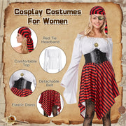 Women's Pirate Costume,Pirate Fancy Dress Up Accessories with Earring,Necklace,Eye Mask and Striped Headscarf,Adult Pirate Halloween Costumes for Cosplay Carnival Party Birthday Party