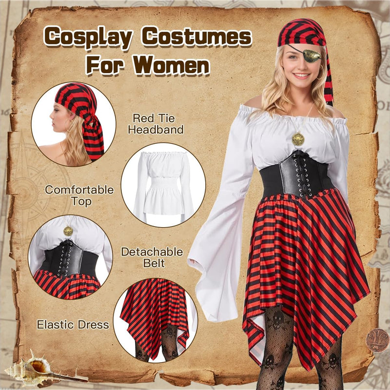 Women's Pirate Costume,Pirate Fancy Dress Up Accessories with Earring,Necklace,Eye Mask and Striped Headscarf,Adult Pirate Halloween Costumes for Cosplay Carnival Party Birthday Party