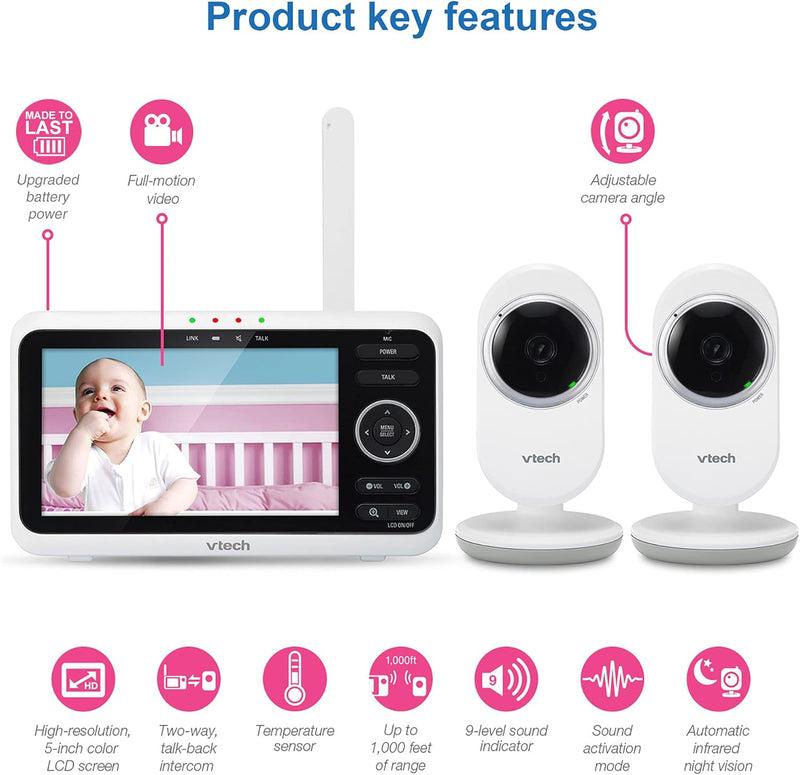VTech [Upgraded] VM350-2 Baby Monitor, 5" Screen,2 Cameras,1000ft Range, Night Vision, 2-Way Audio, Lullabies, Secure Transmission No WiFi