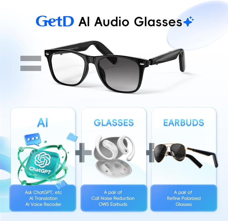 GetD AI Glasses, AI Assistant Powered by ChatGPT, Smart Glasses, Polarised Sunglasses, Bluetooth Smart Sunglasses for Men and Women, 2-in-1 Headphones and Glasses