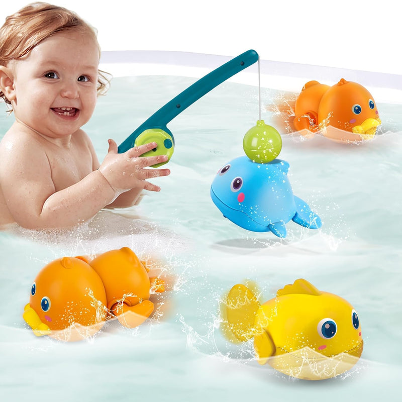 TERRIFI Baby Bath Toys, Magnetic Fishing Games for Kids 1-3 Years Old, Wind Up Swimming Fish, Duck and Whale Floating Water Toys for Infants and Toddlers, Bath Time Shower Gifts