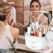 FORTHEE Makeup Organizer, Cosmetics Organizer Display Case with Two Drawers and Brush Storage Box, Skincare Organizer Box Suitable for Bathroom Countertop and Bedroom Vanity Dresser (White)