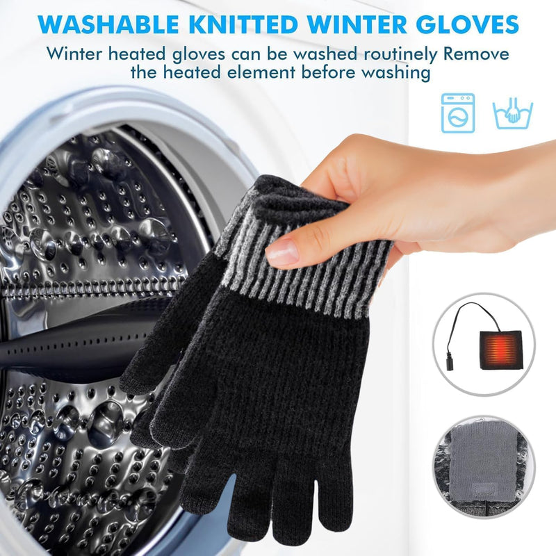 USB Heated Gloves for Men & Women, Double-Side Heating Knitted Wool Gloves with 3 Temperature Settings, Touchscreen Fingers, Machine Washable Hand Warmer Gloves for Office, Outdoor, Travel (Gray)