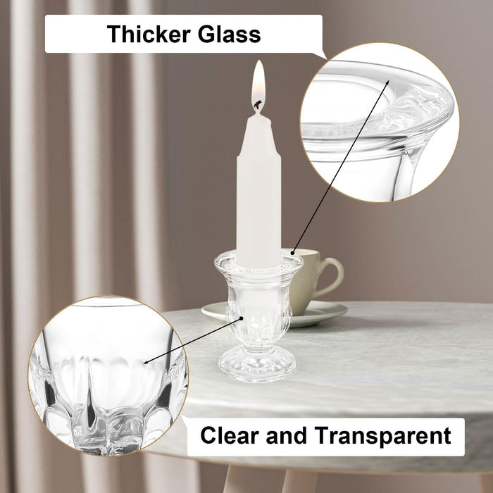 Glass Taper Candleholders - Clear Small Candlestick Holder Bulk, Set of 6 Clear Candleholders for Taper Candles Small Table, Glass Candlestick Holders, Thicker Glass Candle Sticks Set