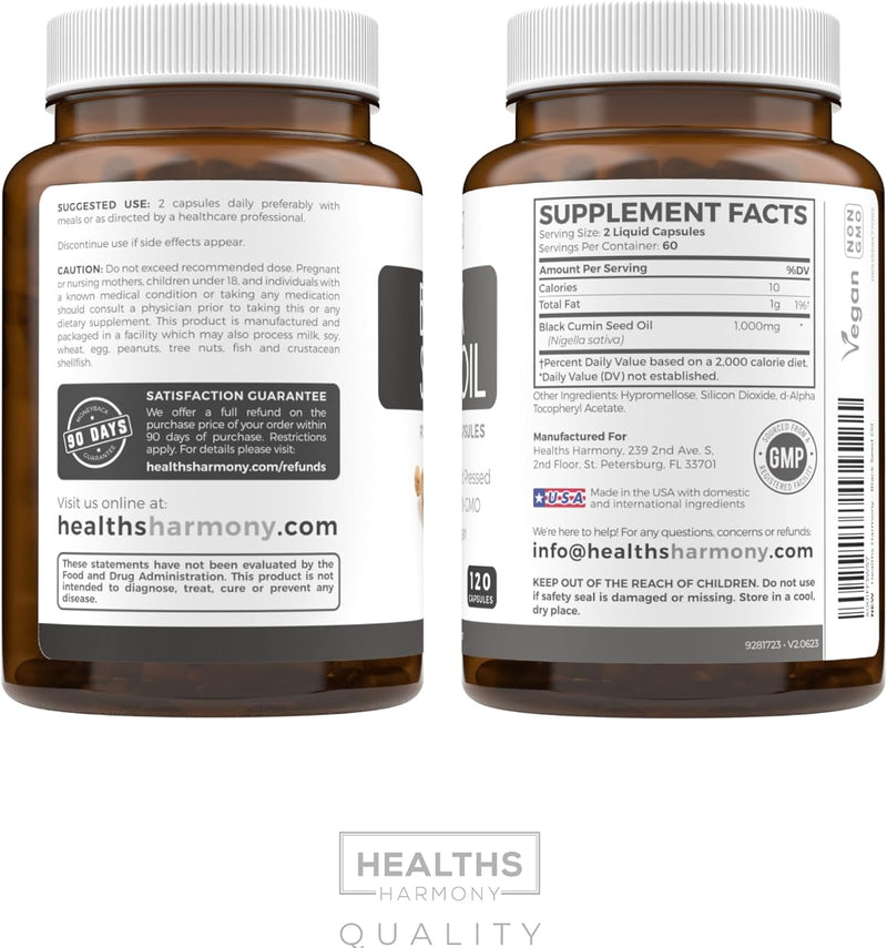 Black Seed Oil - 120 Softgel Capsules (Non-GMO & Vegetarian) Premium Cold-Pressed Nigella Sativa Producing Pure Black Cumin Seed Oil with Vitamin E - Each, 1000mg Per Serving
