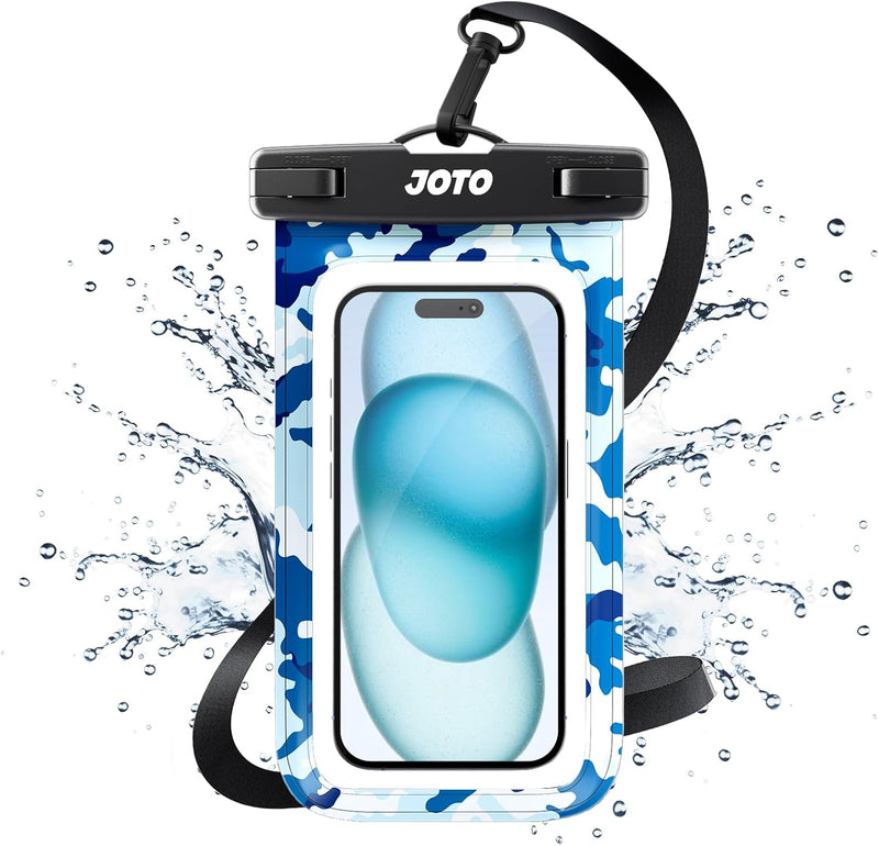 JOTO Universal Waterproof Phone Pouch Cellphone Dry Bag Case for iPhone 17 16 15 14 13 12 11 Pro Max Air Mini Plus Xs XR X 8 7 6S, Galaxy S23 S22 S21 Plus Note, Pixel up to 7" -Black - Standard Camoblue 1 Pack