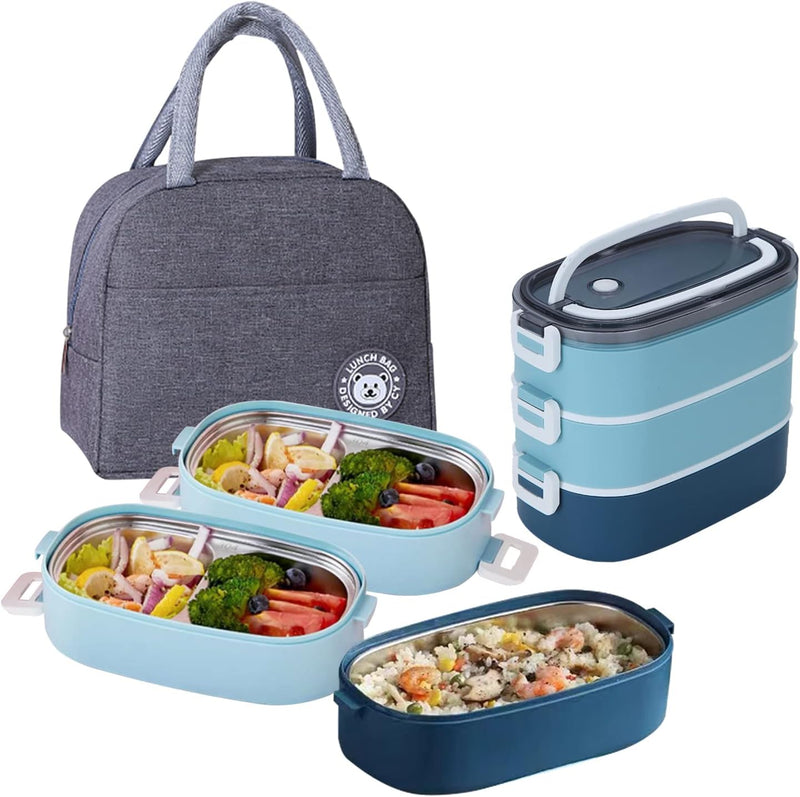 TAPIT Stainless Steel Lunch Box - Insulated Bento Box Multifunctional Containers Food Containers with 2 Compartments,Tableware, Nylon insulation bag (Grey) - 1.9L Blue