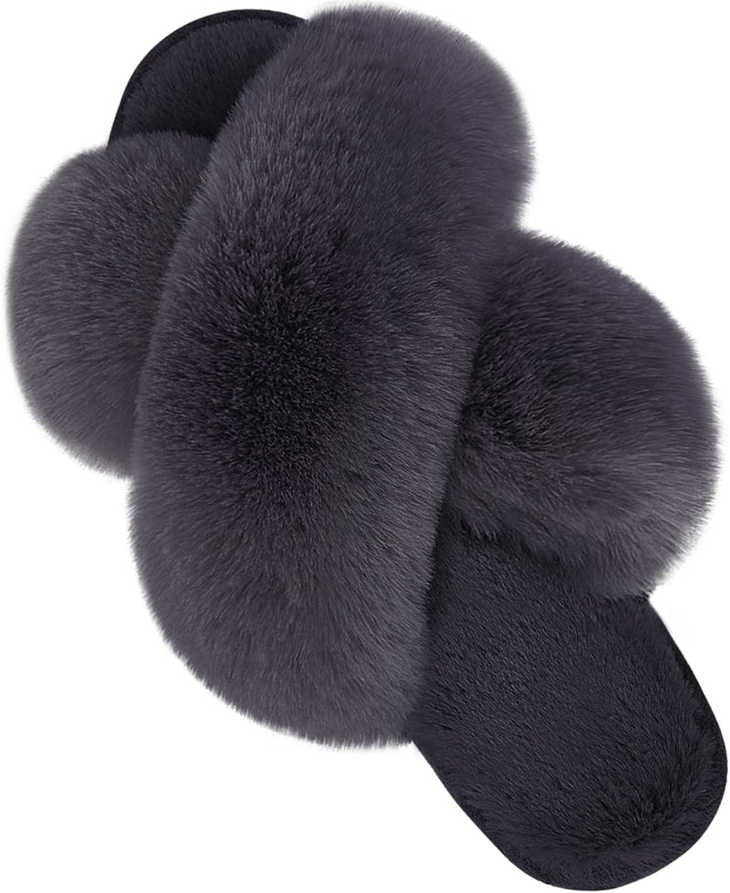Women's Cross Band Slippers Soft Plush Furry Cozy Open Toe House Shoes Indoor Outdoor Faux Rabbit Fur Warm Comfy Slip On Breathable