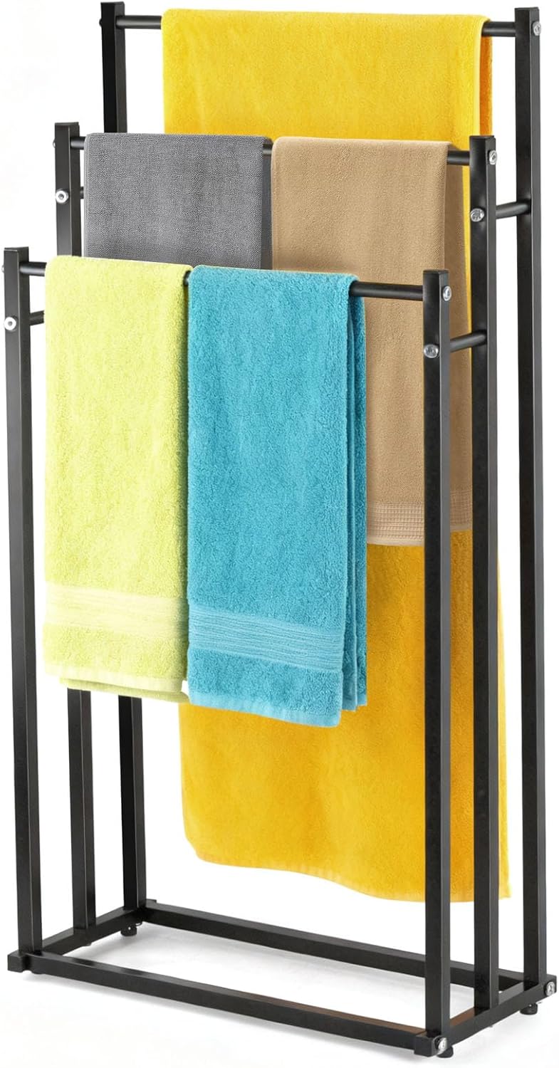 SKY-TOUCH 3 Tiers Metal Towel Rack Freestanding Drying Storage Display Rack for Bathroom Tub Shower Poolside- Bottom 44x21.5CM Height 66/76/86CM (86 44 21cm) Black