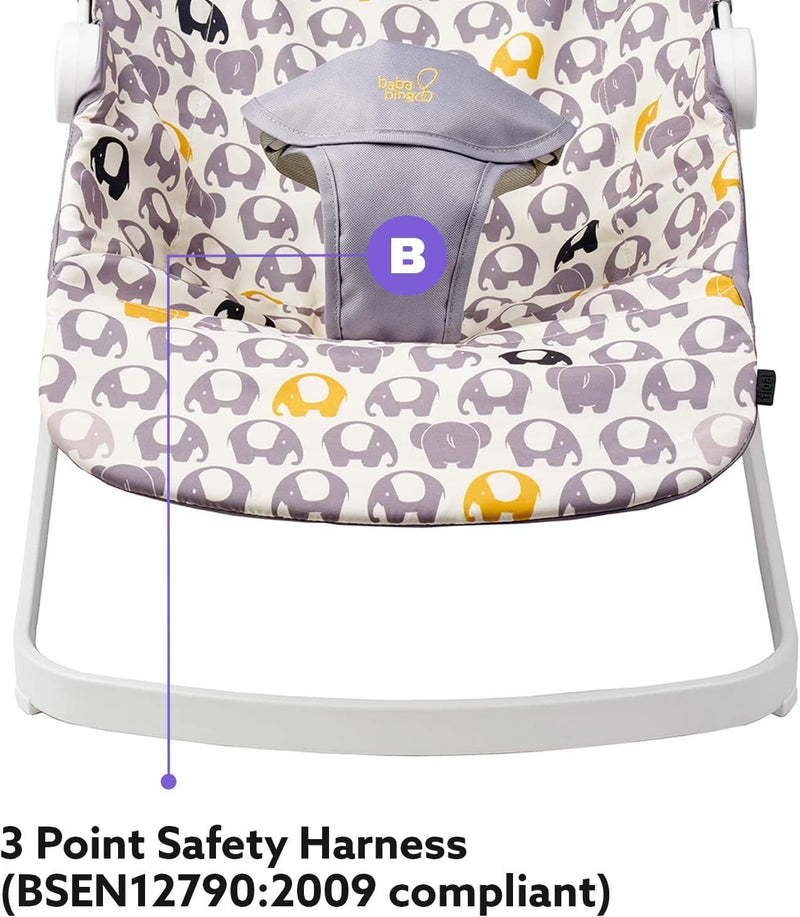 BabaBing! | Float Baby Bouncer | Reclining Baby Rocker with Contemporary Ellie Elephant Print | Portable Baby Seat with Exclusive Soft Toys