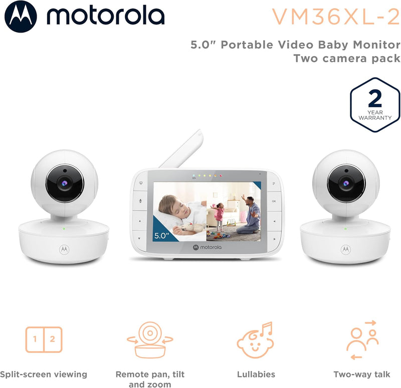 Motorola Nursery VM36XL Video Baby Monitor Camera, 1000ft Range no WiFi 2.4 GHz Wireless, 5" Screen, 2-Way Audio, Pan/Tilt/Zoom, Temp, Night Vision
