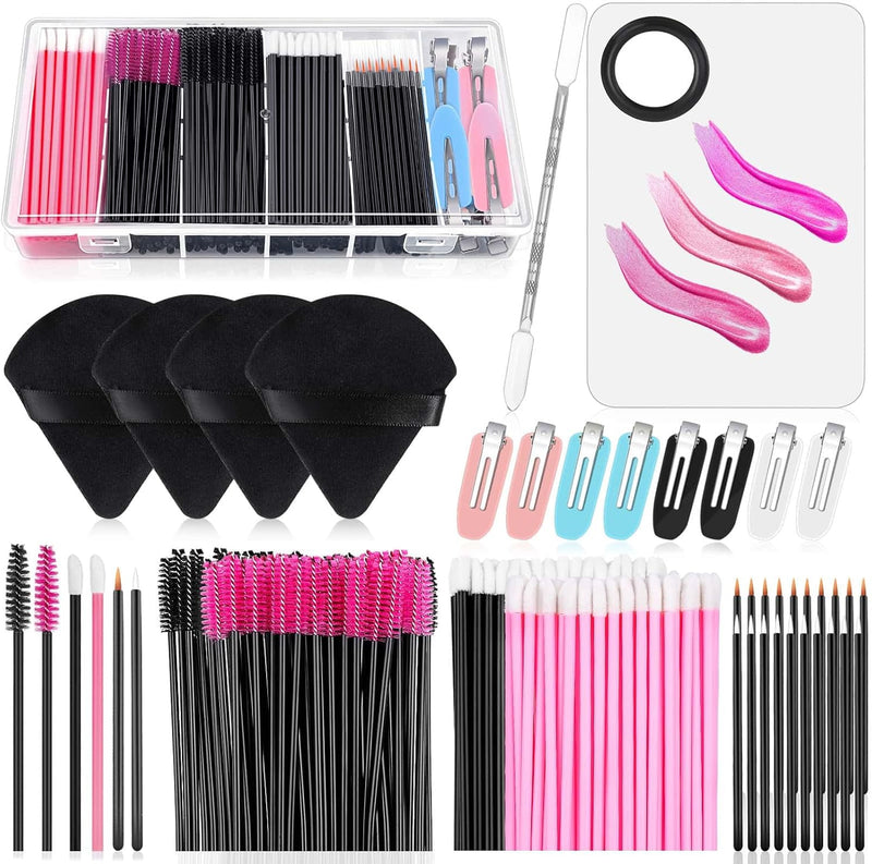 Audab Disposable Makeup Applicators Kit with Triangle Puff Mixing Palette, Artist Supplies Disposable Mascara Wands, Lip Brushes, Hair Clips Powder Puffs for Face with Storage Box - beige