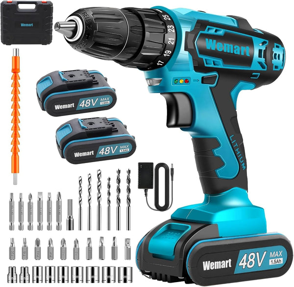 Cordless Drill Set, 48V Electric Drill with Drill/Screwdriver Bits, 2 Variable Speeds, 25+1 Torque Setting Battery Power Drilling Driver for Plastic, Wood, Metal, Screws (blue) - blue