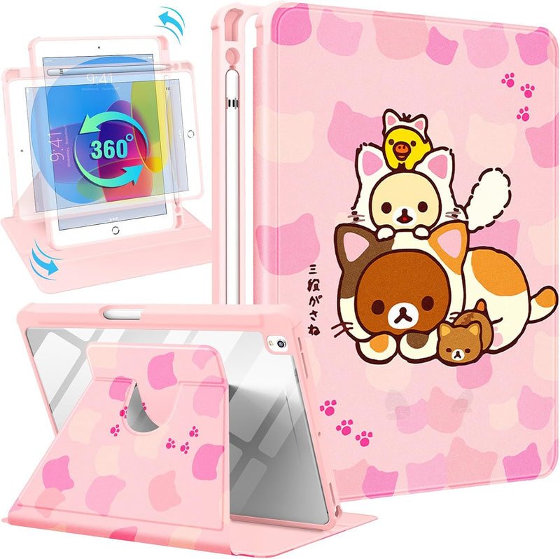 for iPad 9th/8th/7th Generation 10.2 inch Case Cute Cartoon Kawaii for Girls Kids Boys Girly Women Design Covers,360 Degree Rotating Folio Stand Pencil Holder for Apple i Pad 9/8/7 Gen,Cat - Pk Cats