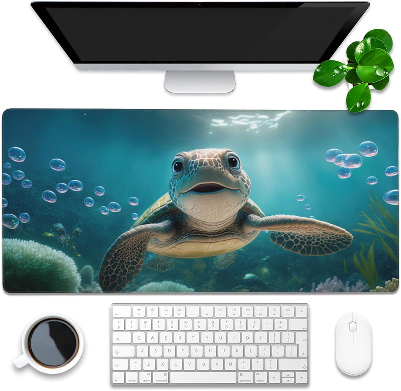 Desk Pad, Green Honeycomb Science Technology Extended Gaming Mouse Pad Large, 35.4"x15.7" Big Mouse Pad with Non-Slip Base and Stitched Edge, Long Computer Keyboard Mouse Mat for Home Office Work - 35.4"x15.7" Cute Sea Turtle